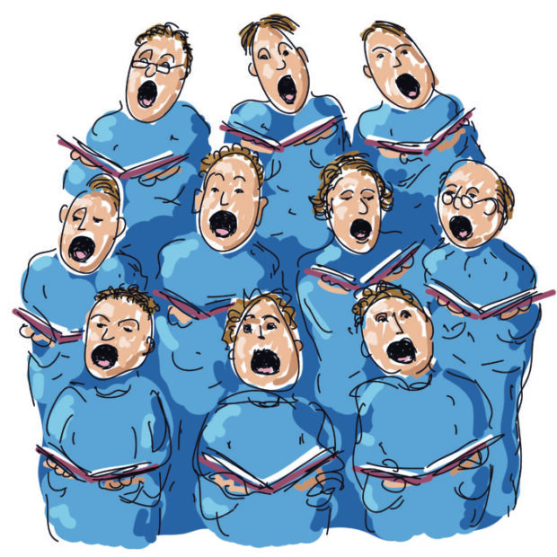 Graphic image of the blue-robed church choir of Holt St Andrew church, Holt, singing